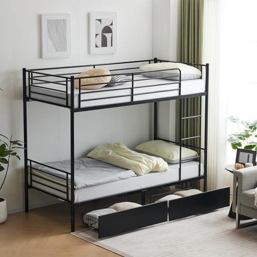 BOSTEU Black Twin Over Twin Bunk Bed for Adults Kids, Heavy Duty Bunk Bed with 2 Drawers Double High Sleeper Bed with Ladder ＆ Guard Rails