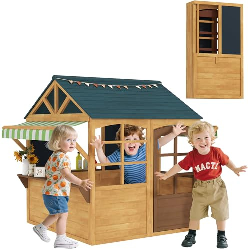 AIYAPLAY Casita Infantil Exterior de Madera Plegable con 2 Pizarras, Ventanas y Toldo Casa Jardín Infantil Casita de Juegos para Niños Desde 3 Años Natural