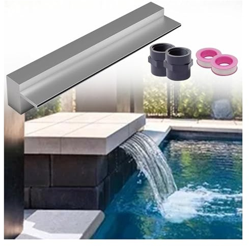 Pool Fountain Waterfall Spillway for Above/In-Ground Pools, 30 45 50 80 100 150 200cm Long Slim Stainless Steel Overflow Outlet Wall Recessed, for Garden/Deck/Villas/Backyard Water Feature(Silver,55cm