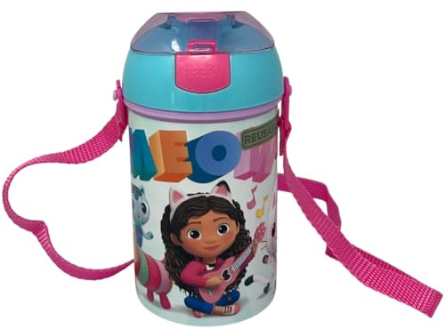 Bouteille d'eau avec ouverture pop-up Gabby's Dollhouse en plastique réutilisable avec bandoulière sans BPA capacité 450 ml