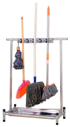 Porta Scopa e mocio, Organizer per Attrezzi da Giardino, 3 Scomparti con Ganci, Porta Scopa e mocio, Torre Porta Attrezzi da Giardino con Ruote, per Attrezzi con Manico Lungo, rastrello e sc