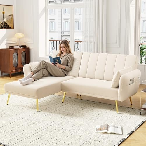 Merax Schlafsofa Klappsofa Ecksofa mit Schlaffunktion, Verstellbarer Rückenlehne, Sofabett aus Samtstoff, L-förmiges Sofa für Wohnzimmer/Schlafzimmer/Gästezimmer, Beige