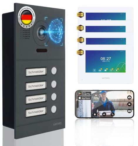 Mathfel 2-Draht IP Video-Türsprechanlage mit Türöffner – Full-HD Kamera, 7 Monitor & App-Steuerung – Smarte Video-Türklingel mit Gegensprechanlage (Anthrazit, 4 Klingeltaster)
