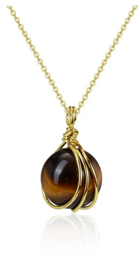 Jovivi Collier Pierre Naturelle Cristal Boule Rond Fils Or Enroulé Pendentif Cristal de Roche Pierre Précieuse Collier Porte Bonheur pour Homme Femme (Oeil de Tigre)