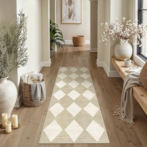 PureCozy Kariert LäUfer Flur Teppich 60x180cm Beige Waschbarer kurzflor rutschfest Weich Moderner Teppiche für Küchen Hallway Bettvorleger Wohnzimmer Schlafzimmer Carpet
