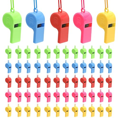 LOLANIUT - Lot de 60 sifflets, sifflet pour le sport scolaire en 5 couleurs, sifflet pour enfants avec lanière, sifflet d'arbitre pour les matchs, utilisable également en cas d'urgence pour les