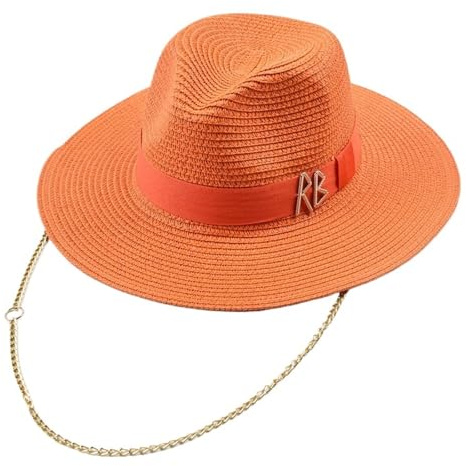 AKDJGFP Strohhut Strohhüte Modischer Metall-RB-Buchstabe for Frauen Männer Sommer Outdoor-Ferien Strand Sonnenhut(Orange)