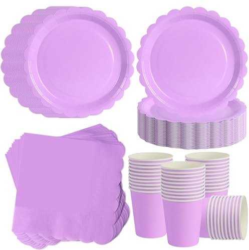120 Pièces Violet Clair vaisselle jetable anniversaire pour 40 Invités | 18cm assiette jetable festonnée, gobelets carton, serviettes, baby shower fille, mariage printanier, baptême.