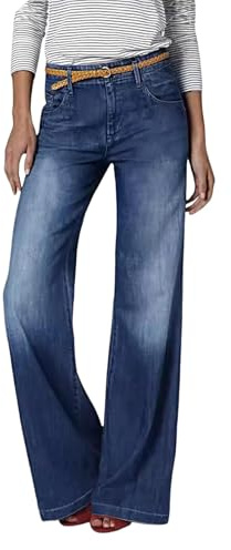 Jeans med raka ben kvinnor dra på, magkontroll säckiga jeans elastisk hög midja stretch palazzo byxor push up rumpa lyft denimbyxor lös passform denimbyxor med flera fickor, Mörkblått, S