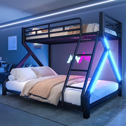 Metallbett Etagenbett 90x200 & 140x200 Für 3 Kinder, Kinderbett Hochbett mit LED Beleuchtung & Leiter, Funktionsbett Stockbett Jugendbett mit Lattenrost und Rausfallschutz, ohne Matratze, Schwarz