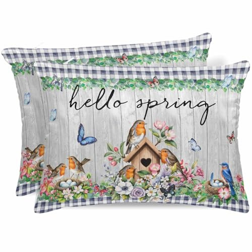 Spring Botanical Satin Pillowcase for Hair and Skin with Zipper, Soft Breathable Cooling Silk Pillow Cases, Vintage Black Plaid Brown Wooden Grain Throw Pillow Covers King Size 20x36 Set of 2