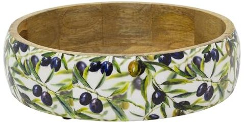 Carousel Home Shallow Olive Enamelled Mango Wood Bowl, 24cm Wooden Serving Dish with Mediterranean Olive Pattern for Salads Fruit and Snacks