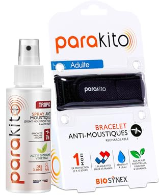 PARAKITO - Lot Économique Protection Intégrale Anti-Moustiques & Anti-Tiques - Bracelet Adulte Noir + Spray Tropic 100ml (3 ans et +) - Actifs d’Origine Végétale - Sans DEET
