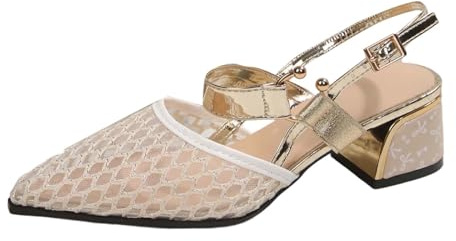 Sandali intramontabili con cinturino in tessuto a rete, design traforato, tomaia in rete intrecciata, tacco grosso e fibbia con cinturino in stile fascia per capelli. (Beige, 38)