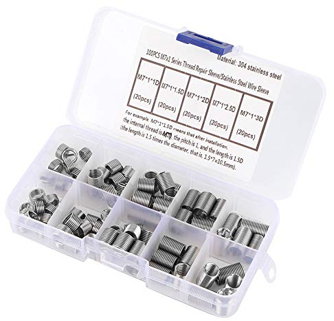 MAJONMMERD Kit de Réparation de Filetage M7 X 1, Ensemble de Manchons Hélicoïdaux en Acier Inoxydable 100 Pièces, 5 Tailles, pour Réparation de Filetage Interne endommagé