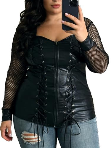 Nihsatin Women's Plus Size Lace up PU Leather Tops Sexy Hollow Out Sleeve Gothic Corset Top Black