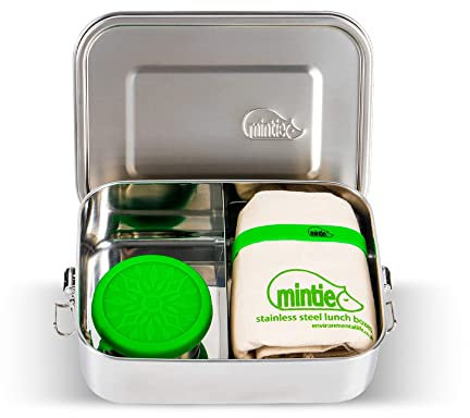 mintie - Stainless Steel Lunch Box Set, Food Storage Containers Bundle with 1.2-Litre Adults/Kids Lunch Box with Movable & Removable Divider, Snack Pot, Lunch Bag, & Band, 4-Piece Meal Prep Container