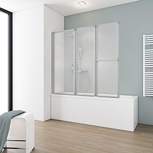 Schulte D1410 01 01 Duschwand Komfort, 151 x 140 cm, 3-teilig faltbar mit Handtuchhalter, Kunstglas Softline hell mit Tropfendekor, alunatur, Duschabtrennung für Badewanne