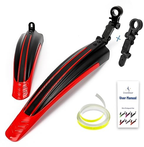 ioutdoor Bike Mudguard Set with 27ft DIY Reflective Tape, Bike Fenders Set Adjustable,Bicycle Front Rear Mud Guard Fits for 20,22,24,26,27,28 MTB Mountain Road Bike Cycling (Black Red)