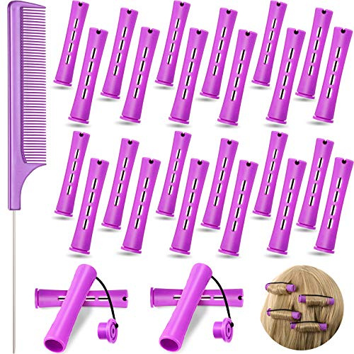 Chuangdi 24 Pcs Hair Perm Rods Plastic Cold Wave Perming Curlers Hair Rollers with Steel Pintail Comb Rat Tail Comb Tools for Hairdressing Styling(Purple,0.75 Inches)