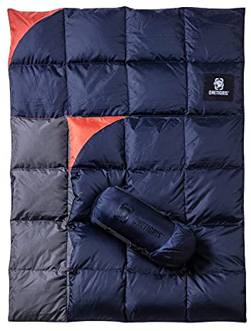OneTigris Dun campingfilt, vattenavvisande resefilt, 5 till 25 ℃ lätt utomhusfilt varm för camping jakt vandring 195 x 135 cm (blå)