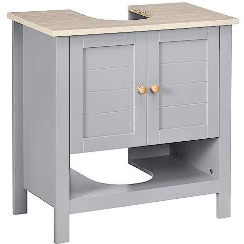 kleankin Mueble de baño debajo del fregadero, mueble de baño, diseño de pedestal, armario de almacenamiento con estante ajustable, color gris