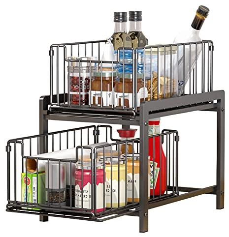 YunNasi Almacenaje Bajo fregadero 2 Niveles Organizador con cestas deslizantes Especiero con 2cajones Acero inoxidable Organizador para Cocina,Baño,Oficina (Regular, NegroNegro)