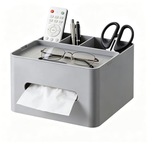 HornTide 5-in-1 Tissue Box 7.8inch Multifunction Countertop Organizer 3X Compartments 1x Tray Boutique Stationery Storage Caddy HIPS Plastic (Gray)