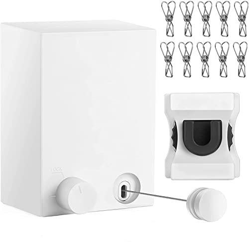 ABHILWY Retractable Clothesline Clothes Line Retracting Outdoor/Indoor, Heavy Duty Stainless Steel Adjustable Drying Rope Wire Dryer with ABS case+Aluminum, Self Adhesive Wall Mount Upgrade Knob White