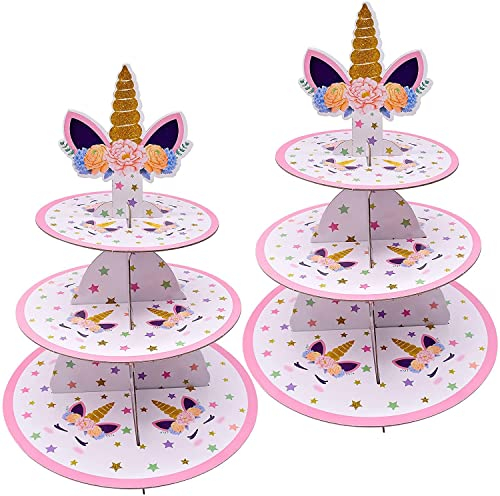 CHUANGOU 2 PCS Alzata Torta，3 Livelli Alzata Cupcake in Cartone，Adatto per La Festa di Matrimonio, Compleanno, Baby Shower, Torta, Torta da Dessert（Unicorno）.
