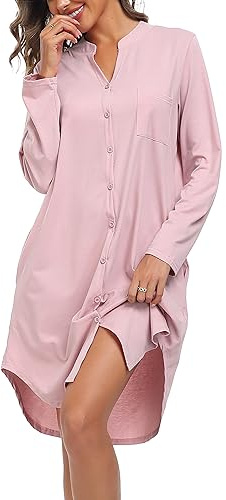 Vlazom Camicia da Notte Cotone con Bottoni a Maniche Lunghe Davanti Curvy Scollo a V，Rosa，M