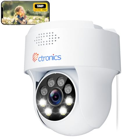 Ctronics 5MP PTZ Caméra Surveillance Extérieur/Intérieure, 2,4/5 GHz WiFi Caméra IP Dôme, Humaine/Mouvemen, Suivi Automatique, Vision Nocturne Couleur 25M, Audio Bidirectionnel, IP66