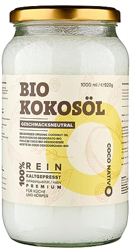 Huile de coco biologique CocoNativo Inodore 1L - Huile de Coco Desodorisee - 100% vierge-Brute sans odeur pressée à froid-Parfaite pour la cuisson-Pour le soin de la peau et des cheveux