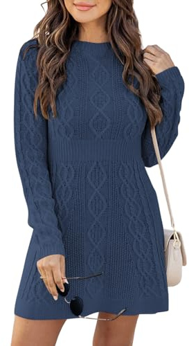 Ebifin Abito in Maglia da Donna, con Scollo Tondo, Maglione Elegante, Stile Tunika, Mini Abito Invernale, A-Linea., Blu scuro, S