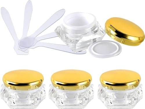 Leere Gläser mit Deckel, Kosmetikdose, B0CKBRWFPJ, 4 Stück, leerer 10 ml transparenter Acryl-Kosmetikbehälter in Rautenform, Gesichtscreme-Lotion-Gläser, Topf mit rosa Deckel + 4 x Löffel (Farbe: Gold