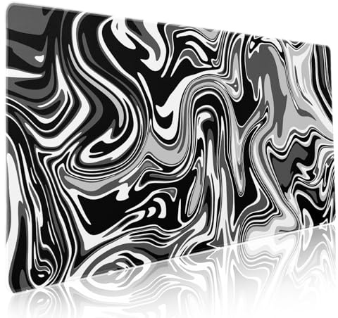 Black White Swirl Gaming Mouse Pad XXL Gray Marble Grey Fluid Design Extended Large Mouse Pad Big Desk Mat Non-Slip Rubber Base Stitched Edge Long Mousepad for Desktop Office Desk, 35.4 x 15.7 in