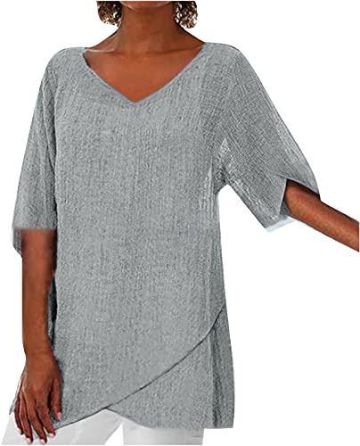 Tallas Grandes Casual Camiseta Mujer,Media Manga Camisetas Mujer Verano de Mangas con Volantes Informal Camisetas de Cuello en Pico con Dobladillo Irregular Moda Color Sólido Blusas