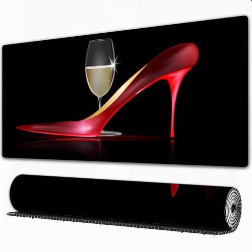 EOMKSE Mauspad Verlängertes großes Mauspad Schreibtischauflage,genähte Kanten Mauspad,Gummibasis,Rote High Heels. Roter Damenschuh mit einem Glas Goldwein,Gaming-Mauspad,40x75 cm