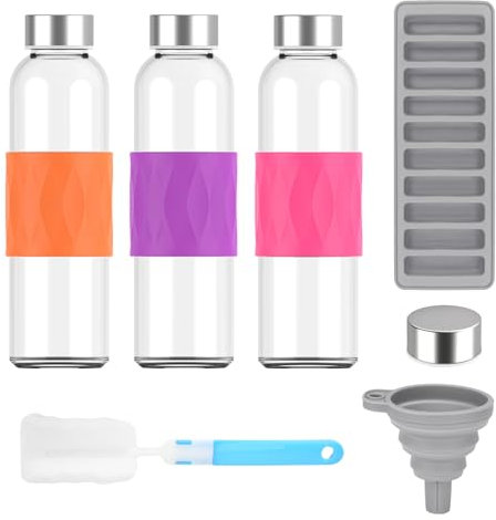 Zukro 18 oz Glass Water Bottles with Lids, 3 Pack Leak Proof Juice Bottles With Stainless Steel Cap for Juicing, Smoothie, Homemade Beverages Container, Reusable Drinking Jar with Grip Band, BPA Free