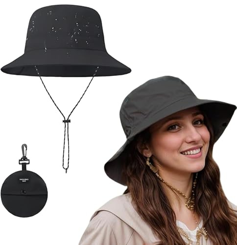 UlifeBetter Sonnenhut für Herren und Damen, schwarzer Fischerhut, faltbar, für Sommer, Outdoor, Eimer, Regenhut, wasserdicht, Fischerhut, Strandhüte mit Schnur, Sonnenschutz, Sonnenschutz, für