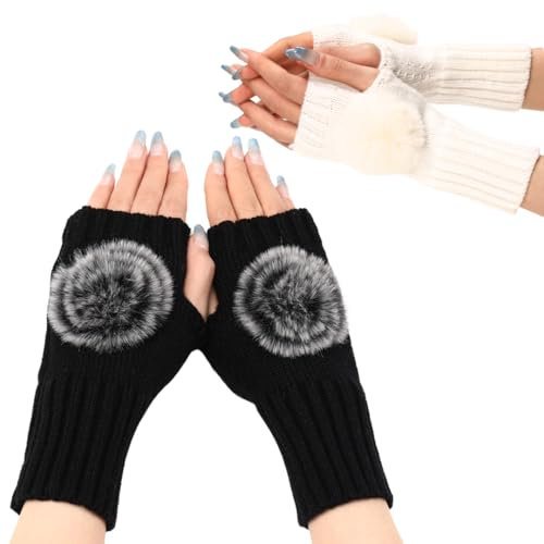 Fabchik 2 Paar Handstulpen Damen, Fingerlose Handschuhe Weiche Strick Pulswärmer Armstulpen mit Kunstfell Bommel für Alltag, Büro, Outdoor (Schwarz*Weiß)