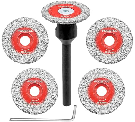 FOCSTOL Disco Diamantato per Gres Porcellanato - 5 pezzi 30mm Lama Diamantata per Taglio Piastrellee e 1 pezzo 6mm Gambo Rotondo per Marmo Granito Pietra Artificiale Gres Porcellanato