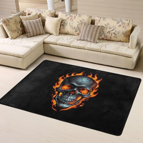 Alfombras de área para decoración de sala de estar, alfombra lavable de calavera de metal suave para dormitorio, sala de estar, 63 x 48 pulgadas