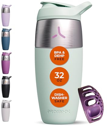 Promixx Pursuit Shaker Cup i rostfritt stål – 950 ml metallproteinskakare flaska med snäpp-fit-omrörare för släta skakningar – läckagesäker, BPA-fri, diskmaskinssäker – sjögräsgrön
