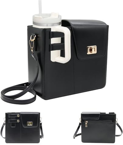 Amlope Sac à Main pour Stanley Cup Sac de Rangement Portable pour Gobelet D'eau Sac de Transport pour Stanley Cup Porte Bouteille D'eau pour Sac à Main avec Compartiment et Bandoulière Réglable (Noir)