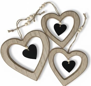 3er Set Holzherzen aus MDF – Herz Dekoration im Vintage Stil – Deko Herzen Landhausstil – Rustikale Hängedeko Holz – Naturdeko Herzen 12 cm & 16 cm
