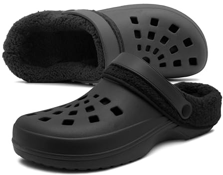IMTY Mens Clogs Warm Fur Lined Thermal Garden Clogs Slip On Lightweight EVA Slippers Indoor House Shoes Shower Sandals (All Black, UK Footwear Size System, Adult, Men, Numeric, Medium, 8)