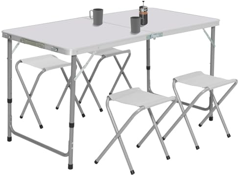 IDMarket – Mesa de camping plegable regulable en altura 120 cm y 4 taburetes, color blanco