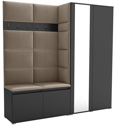 Brent - Flurgarderobe Luton 4, Garderobe Set: Schuhbank mit Sitzfläche, Garderobenpaneel, Garderobe mit Spiegel, Flur Möbel, Schwarz + Polsterpaneele in Beige
