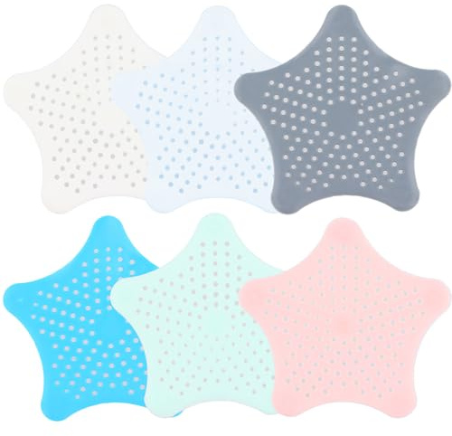 6Pcs Drain Cover and Hair Catcher, Star Silicone Drain Protector, Sink Strainer with Suction Cups, Universal Multicolor Drain Sink Plughole Covers Set for Bathroom, Bathtub & Kitchen